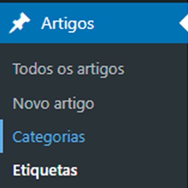Aba de Artigos do wordpress: Todos os artigos; Novo artigo; Categorias; e Etiquetas.