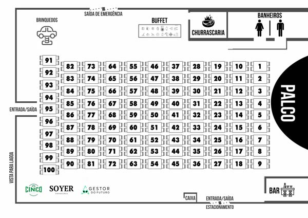 mapa da disposição de mesas da cervejaria 5 estrelas para o show de Murilo Antunes e Telo Borges em Montes Claros MG