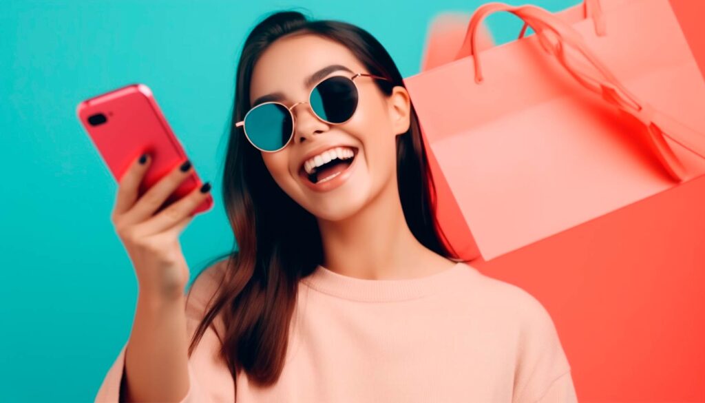 Jovem mulher segurando telefone com imagem de fundo azul com sacolas de compras rosas