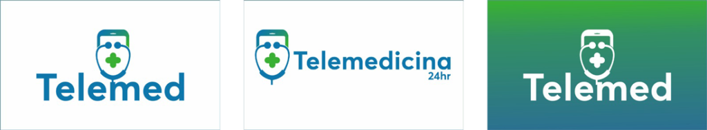 Telemedicia 24 horas logo com celular estetoscópio e icone de mais da saúde +com cores verdes e azul