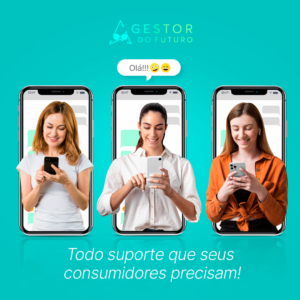 Pessoas atendendendo de dentro do celular com logo da gestor em cima e frase sobre todo o suporte de atendimento que sua empresa precisa