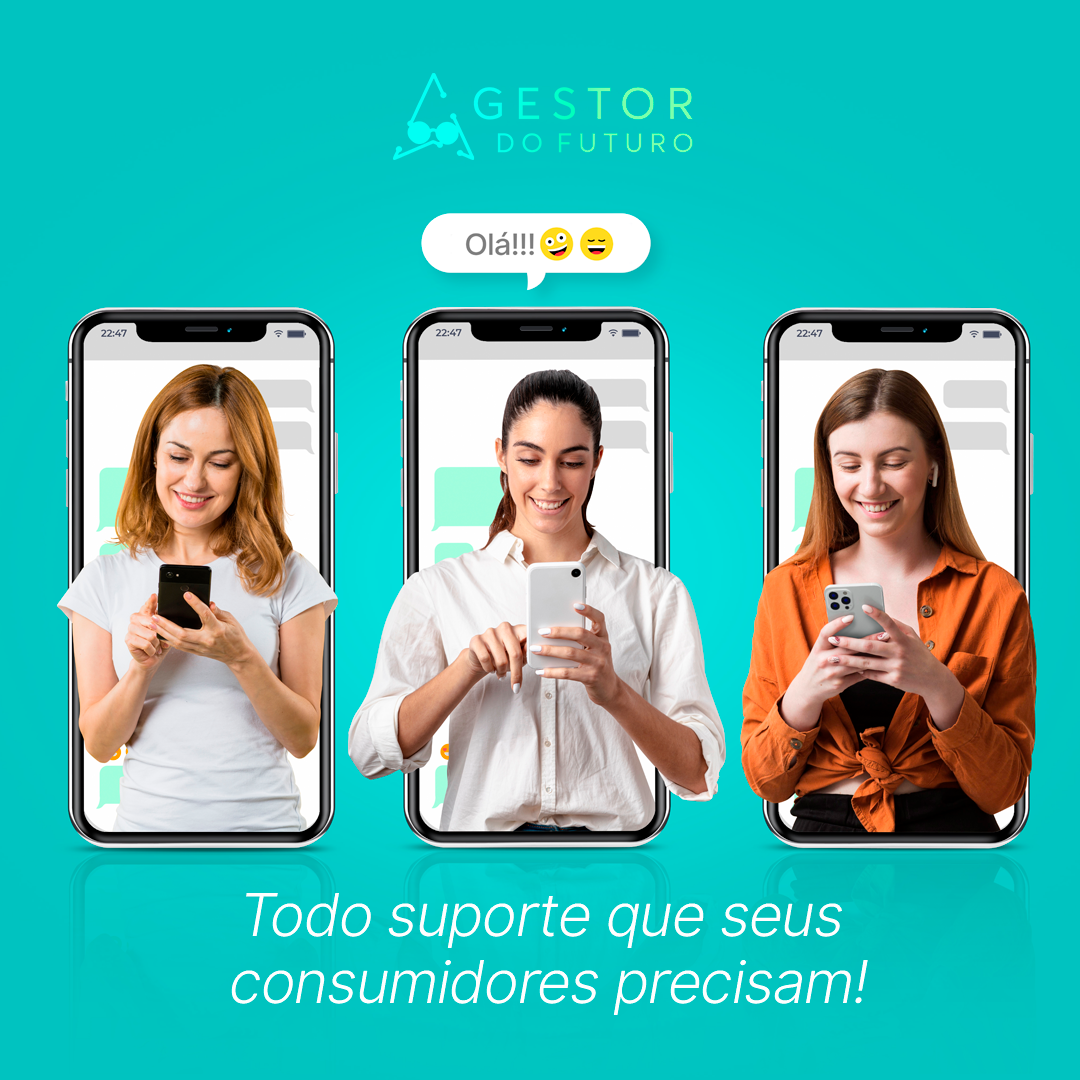 Pessoas atendendendo de dentro do celular com logo da gestor em cima e frase sobre todo o suporte de atendimento que sua empresa precisa